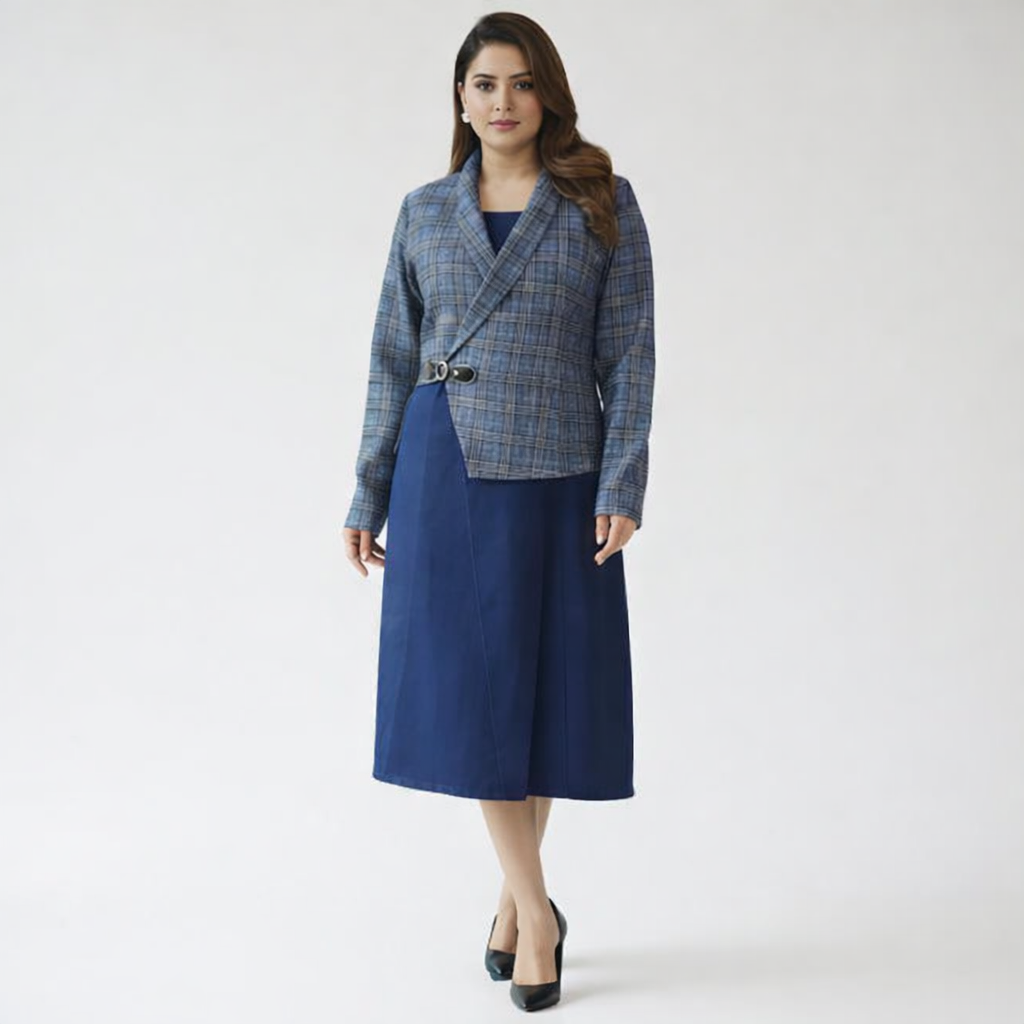 Denim Dress with Velvet Coat – Elegant Winter Layered Dress