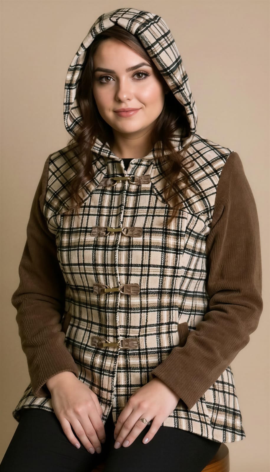 Velvet Checked Hooded Winter Jacket