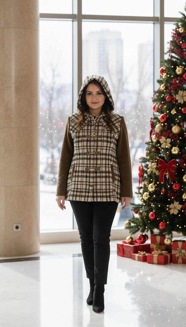 Velvet Checked Hooded Winter Jacket