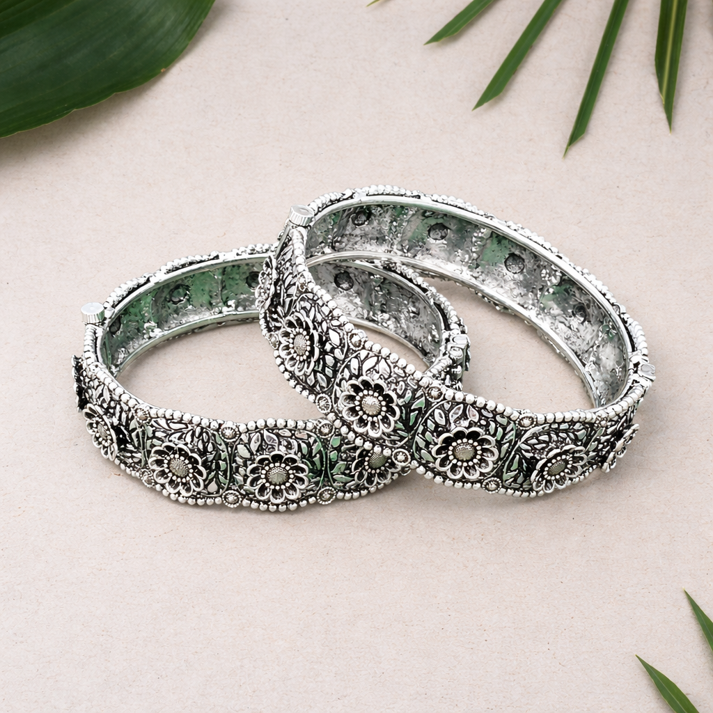 Silver Dusk Floral Bangles