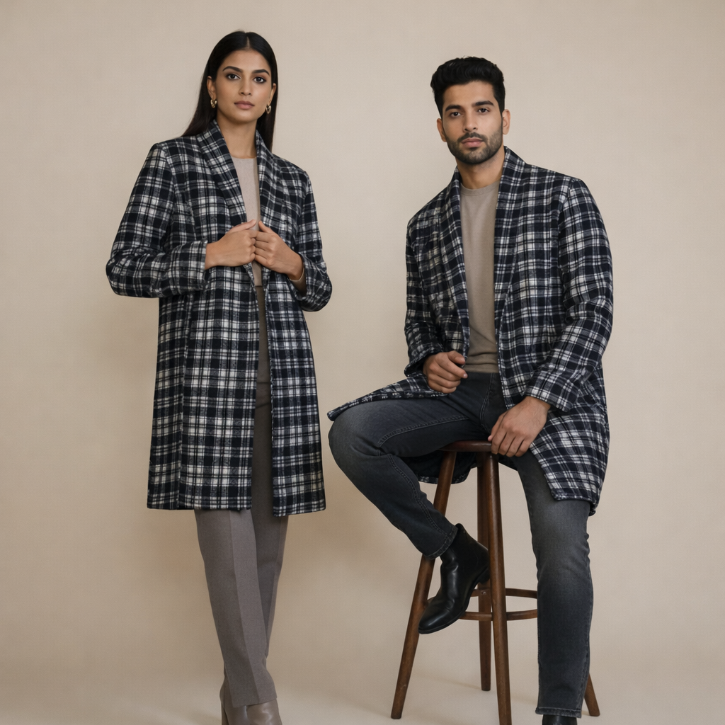 Unisex Checked Winter Coat – Premium Tailored Longline Coat for Men & Women