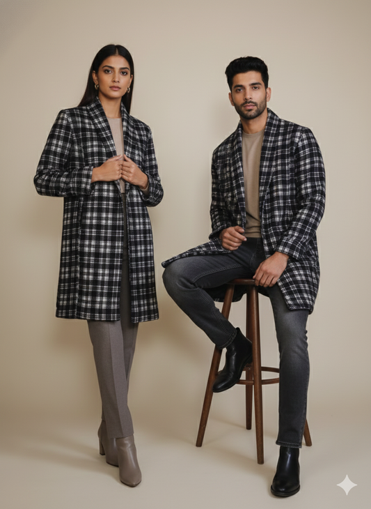 Unisex Checked Winter Coat – Premium Tailored Longline Coat for Men & Women