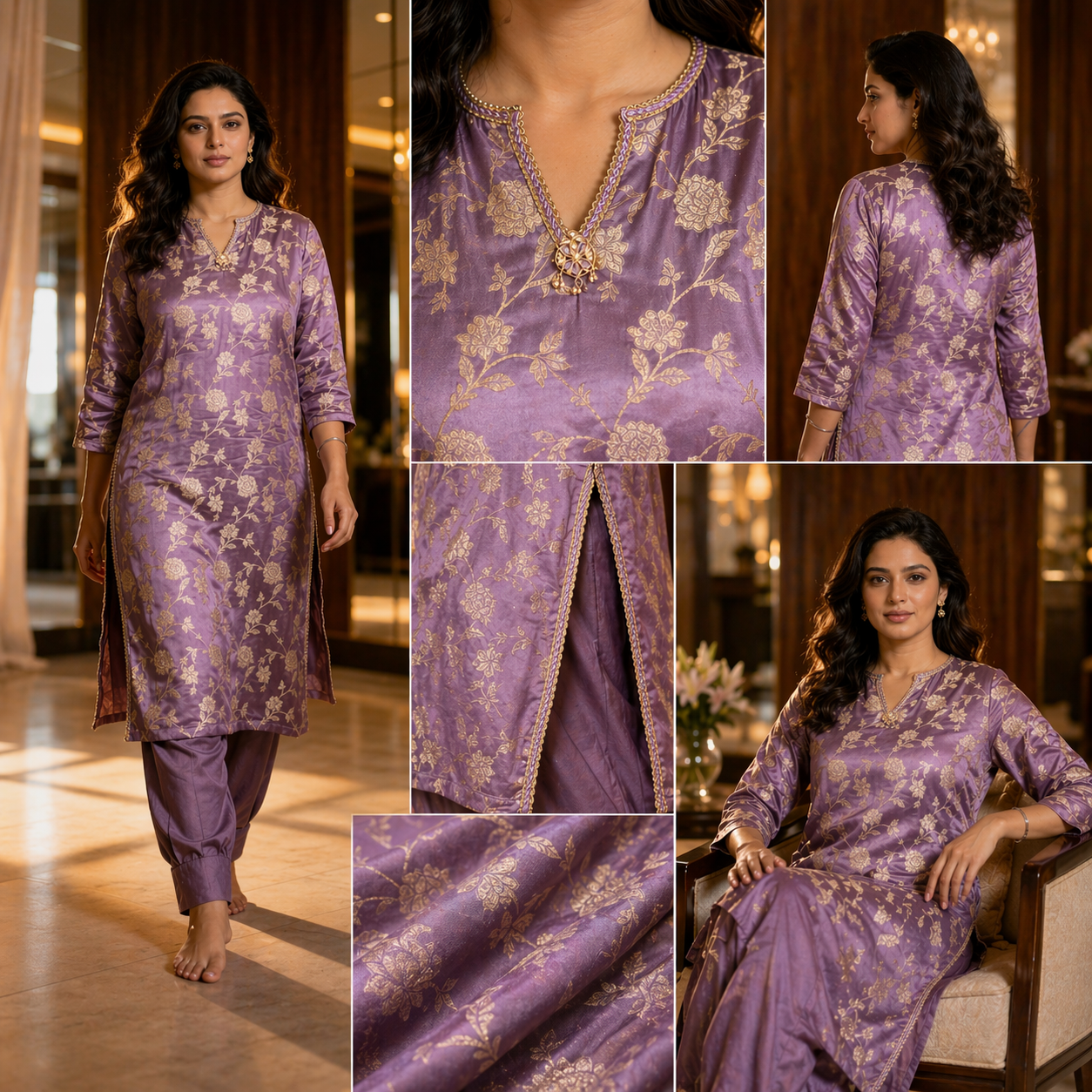 Lavender Banarasi Silk Kurta Set for Women | Gold Floral Festive Ethnic Wear by Divinora