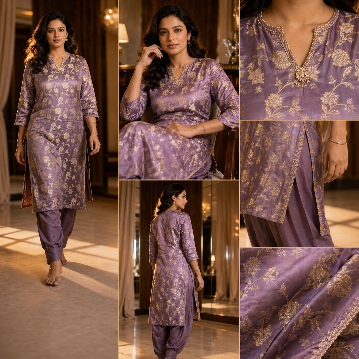Lavender Banarasi Silk Kurta Set for Women | Gold Floral Festive Ethnic Wear by Divinora