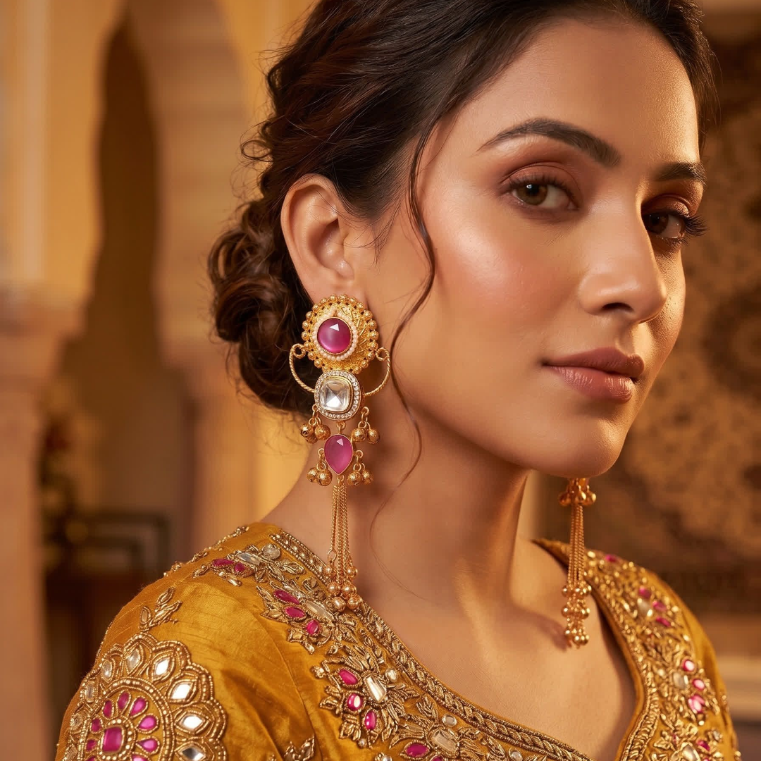 Blush Royale Pink Kashmiri Earrings with Kundan Detailing | Festive & Wedding Wear
