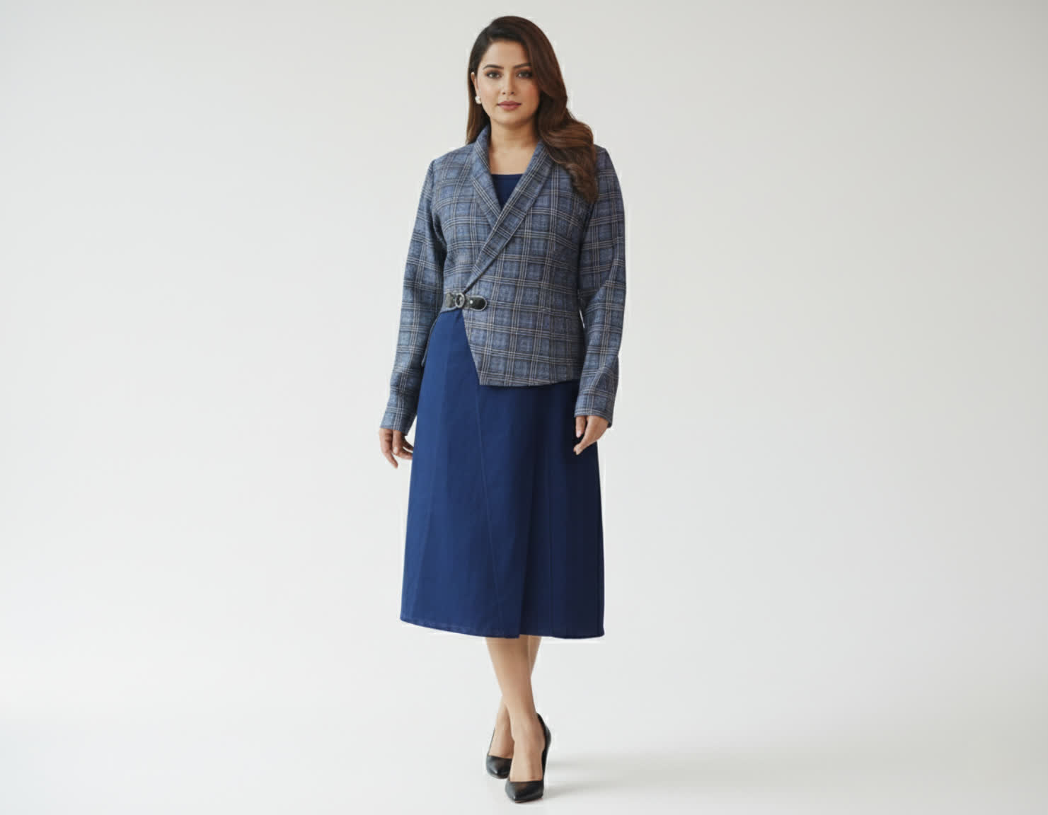 Denim Dress with Velvet Coat – Elegant Winter Layered Dress