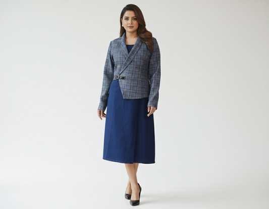 Denim Dress with Velvet Coat – Elegant Winter Layered Dress