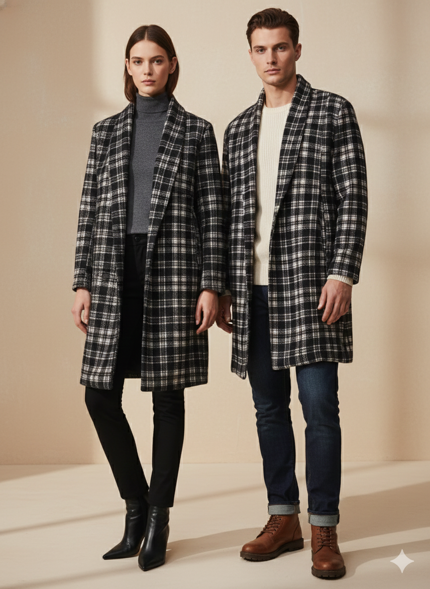 Unisex Checked Winter Coat – Premium Tailored Longline Coat for Men & Women