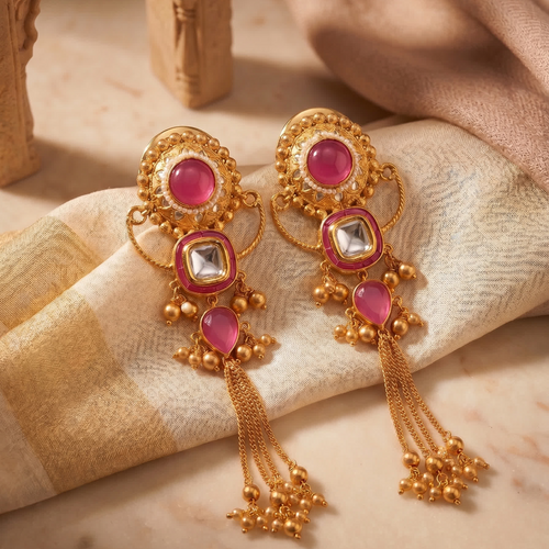 Blush Royale Pink Kashmiri Earrings with Kundan Detailing | Festive & Wedding Wear