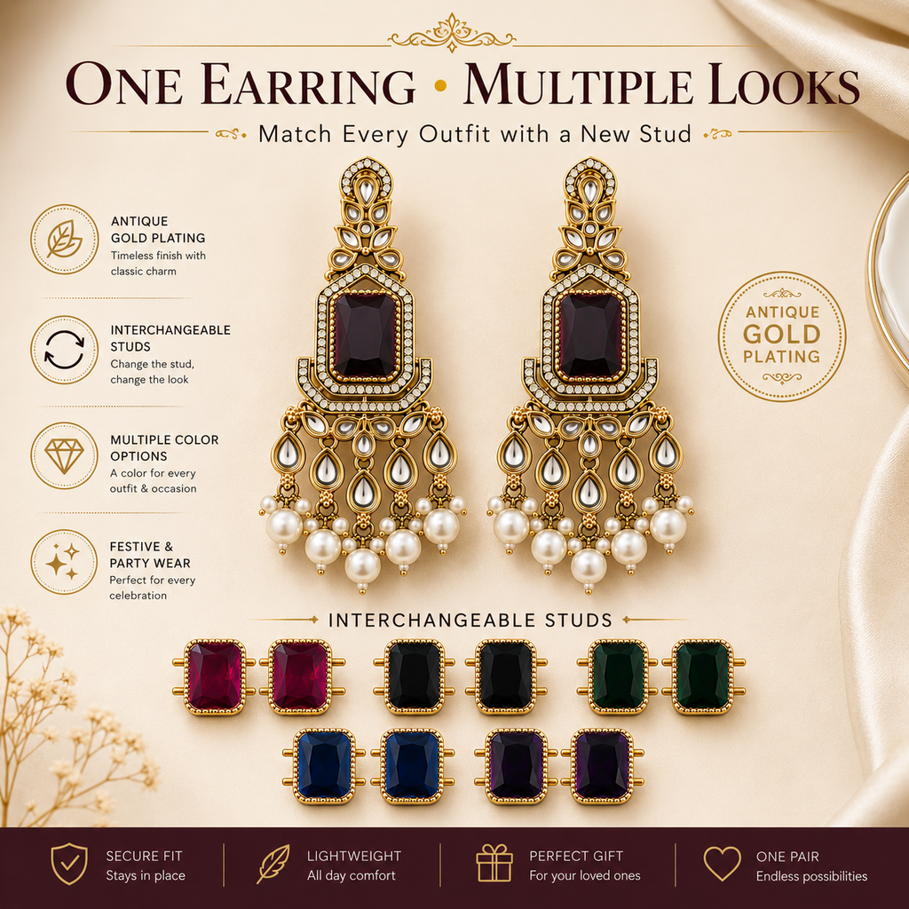 Divinora Convertible Statement Earrings with Interchangeable Stones | Wedding & Festive Jewellery