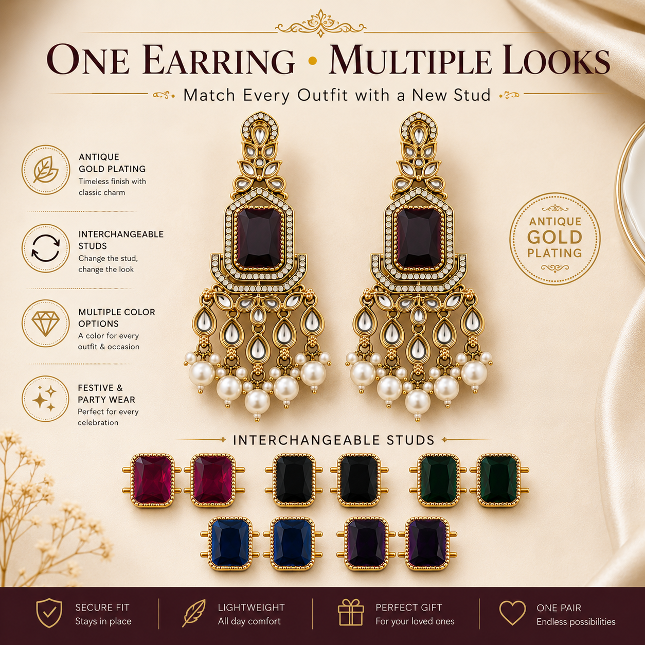Divinora Convertible Statement Earrings with Interchangeable Stones | Wedding & Festive Jewellery